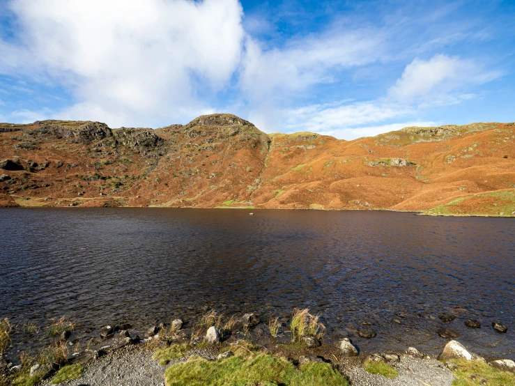 a lake surrounded by mountains with low, rocky shoreline