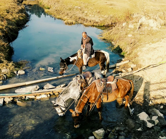 a man is sitting on some horses in the water