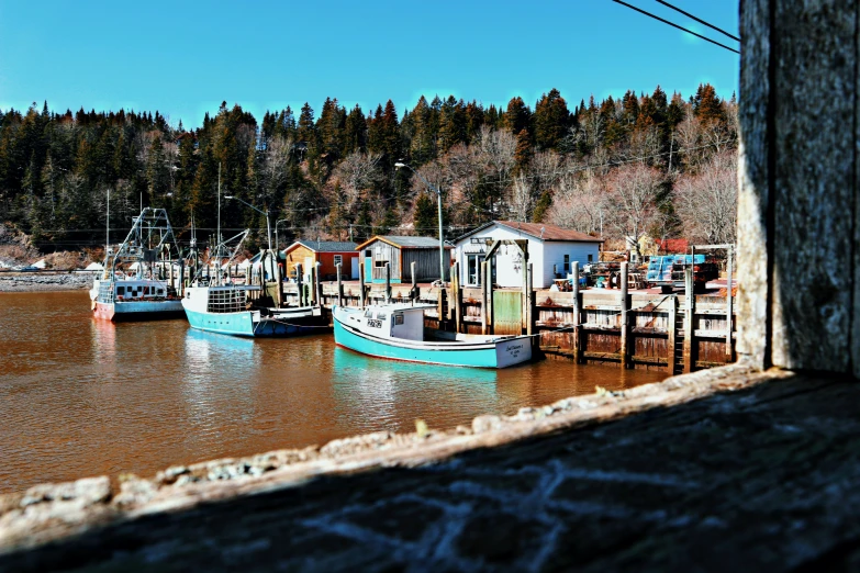several boats tied up in the water near a dock