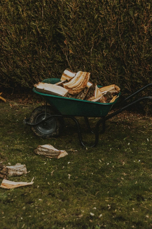 a wheelbarrow filled with wood chips outside on grass