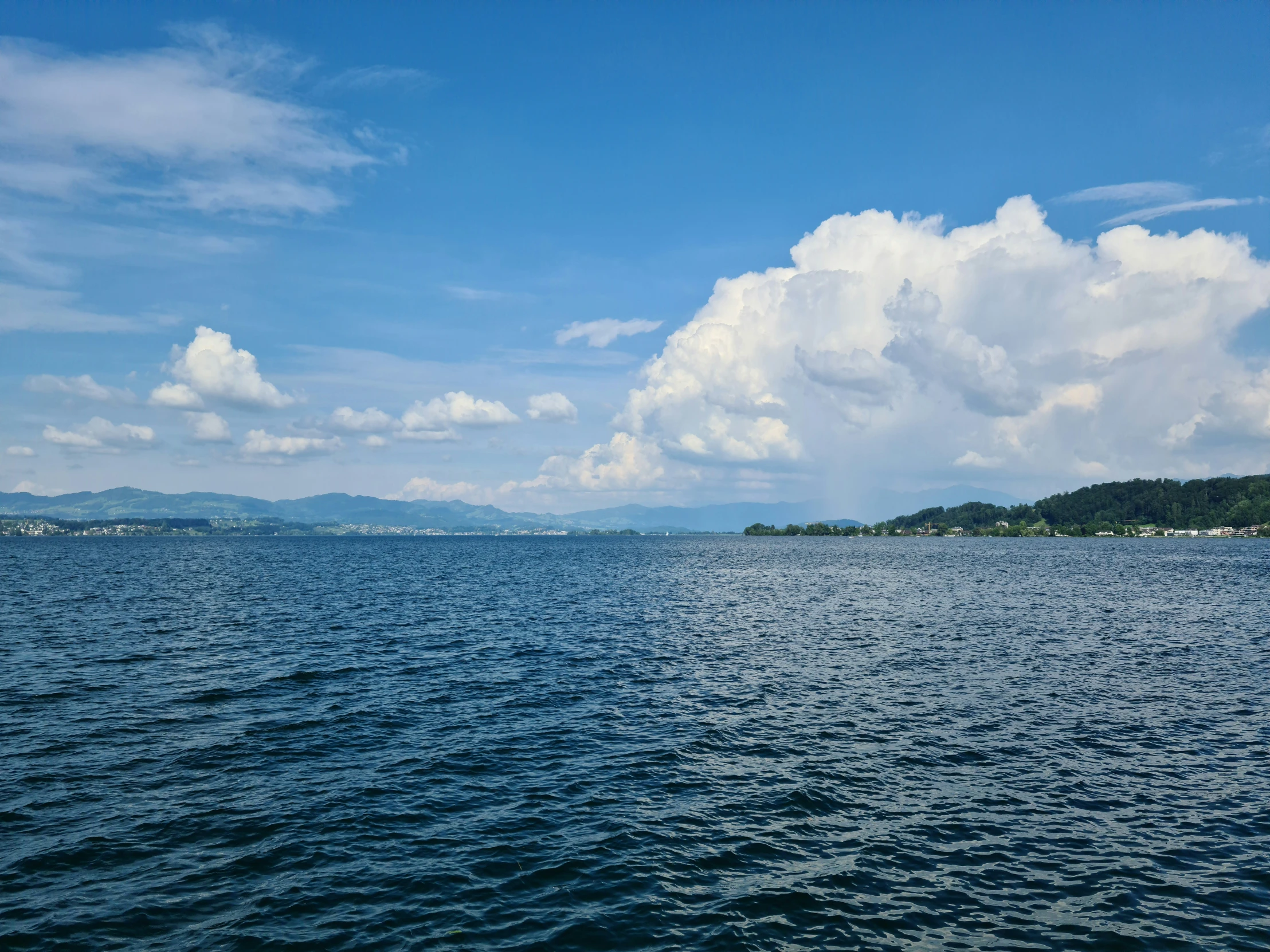 the view from the side of a boat shows the horizon and trees and clouds