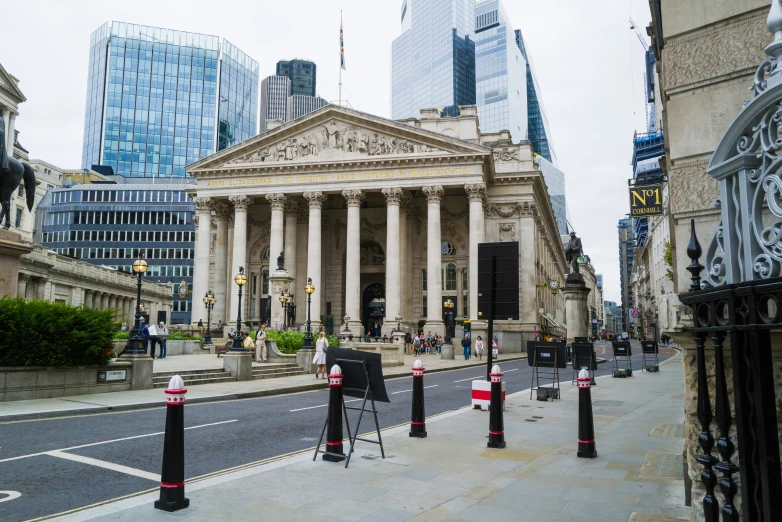 an old bank building with columns and pillars