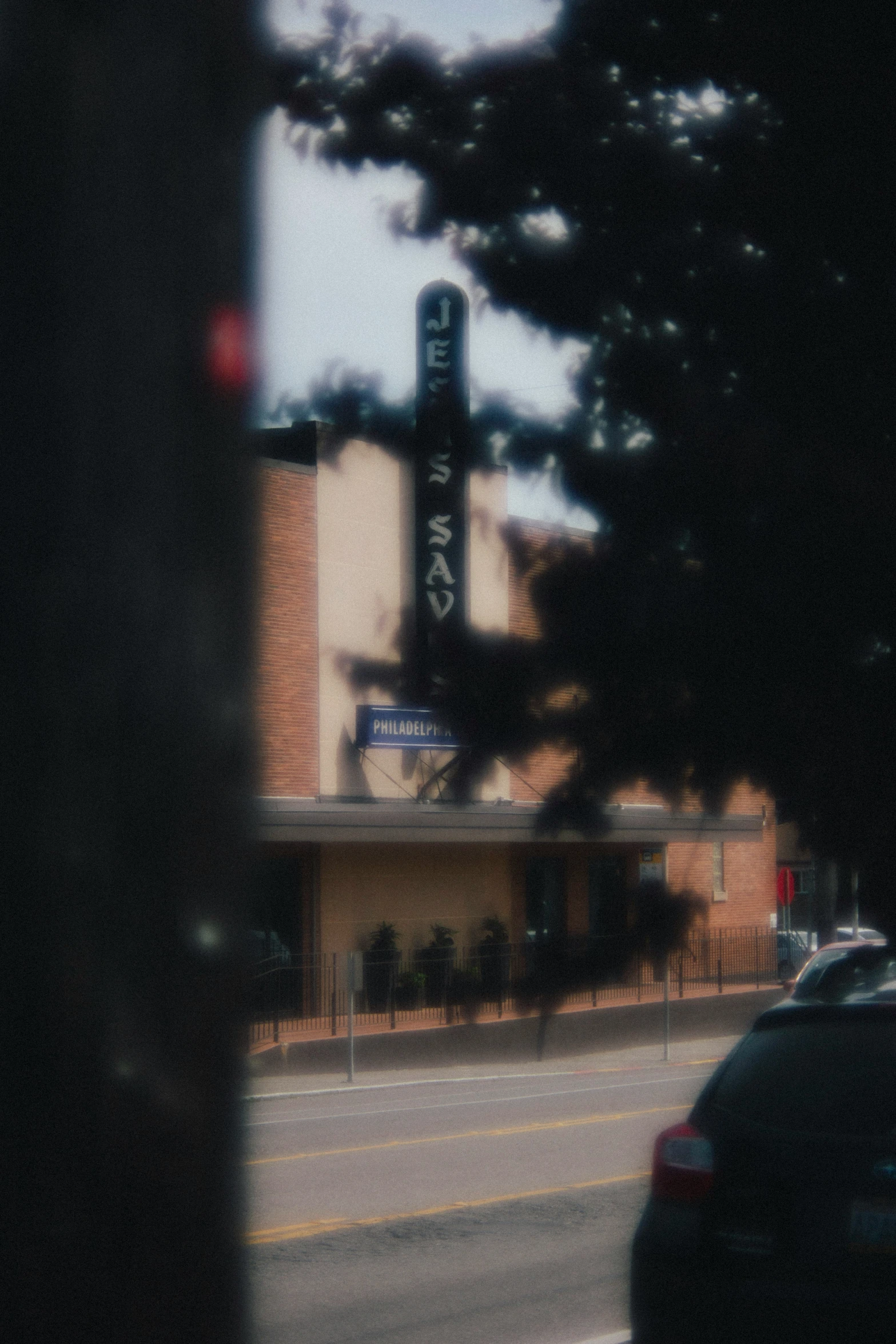 the view of an exterior building from a car window