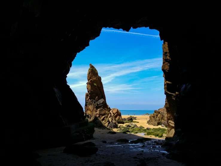 a dark cave entrance with rocks surrounding