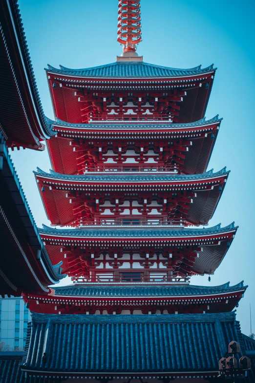 the roof structure of an oriental temple with a sky background