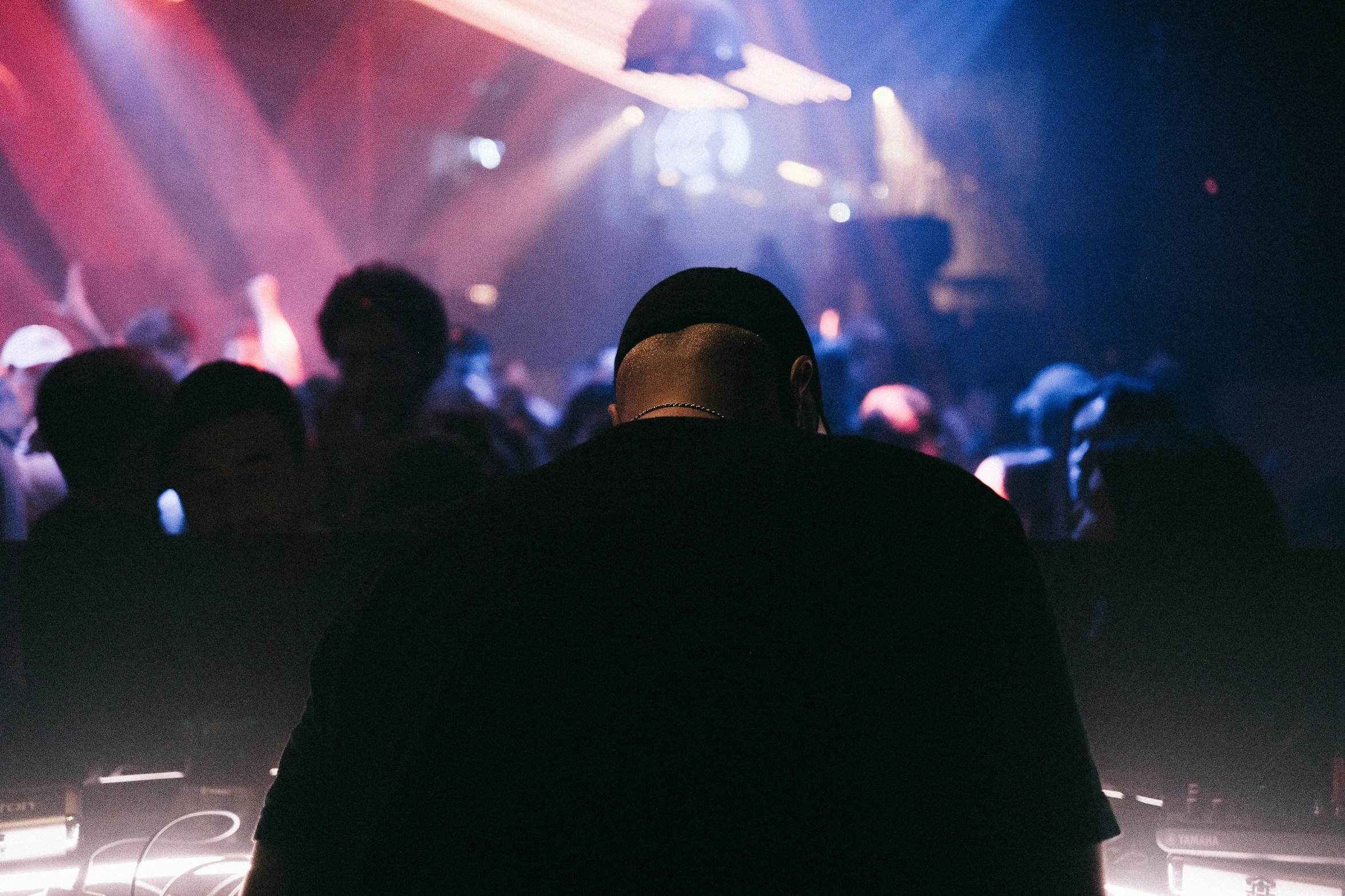 a crowd at a concert with a dj mixing music