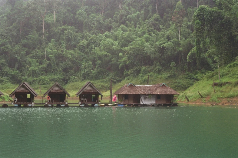 four houses that are in the water with trees