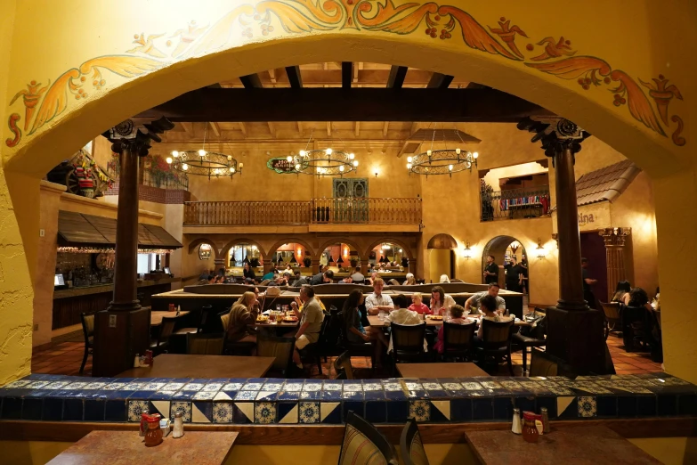view from above a restaurant area with decorative tile work