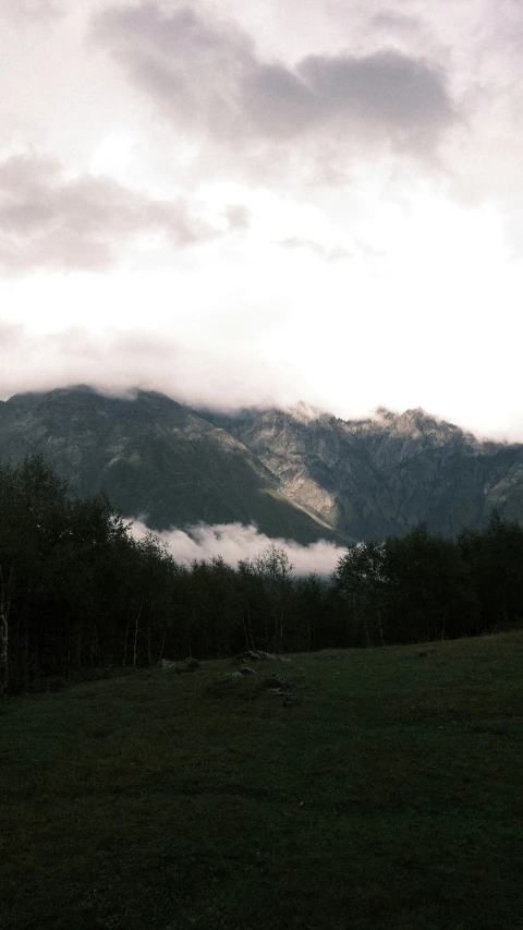 an open grassy field with mountains in the distance