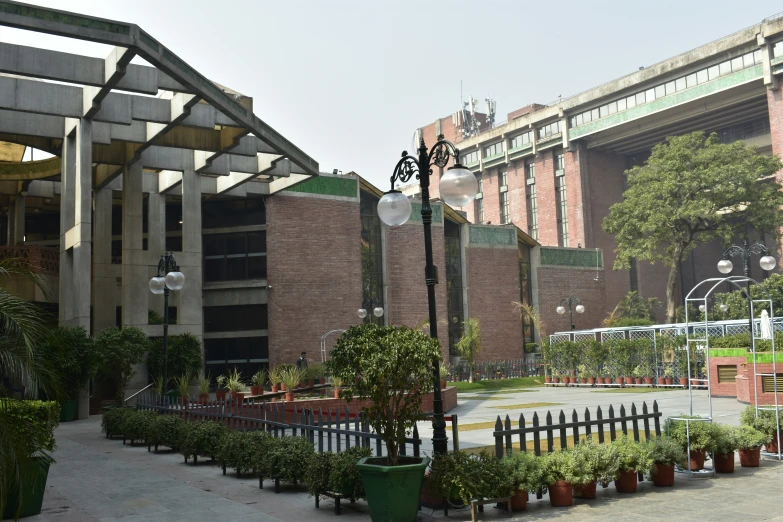 a street view of buildings and plants