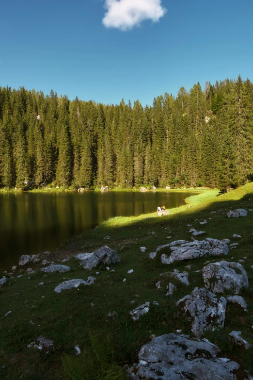 the landscape features a lake surrounded by rocks