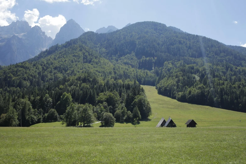 a grass field with several houses built up against a mountain