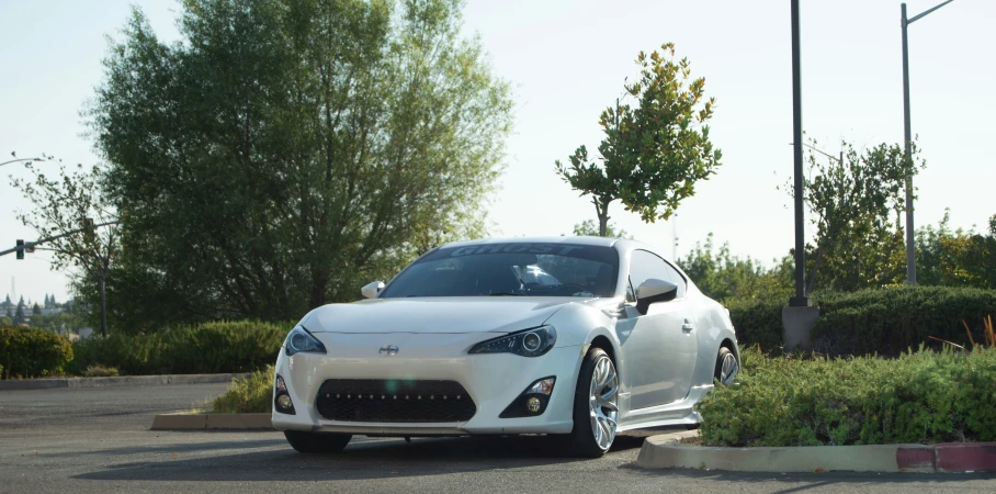 a white sports car parked by some bushes