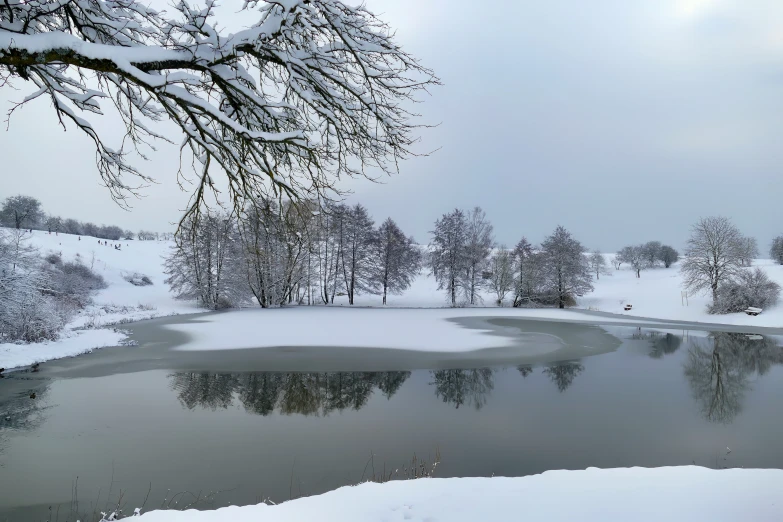 a snow covered park has a lake surrounded by trees