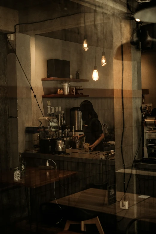 a small cafe with a wooden table