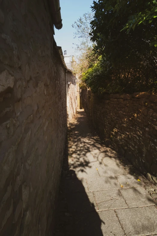 a small stone path between two buildings