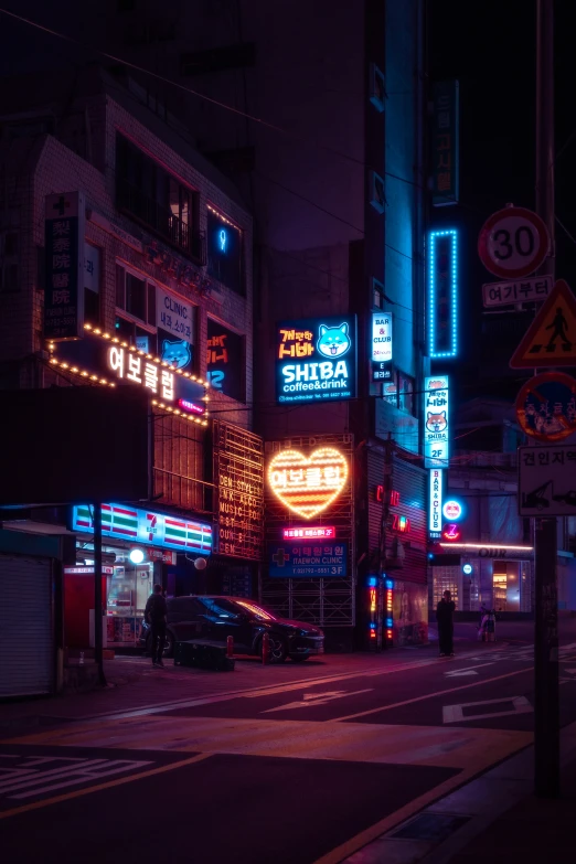 neon signs adorn buildings and street lights