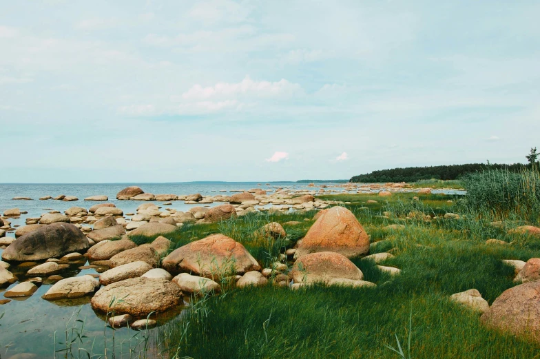 a small body of water with rocks in it