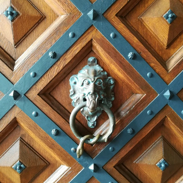 a metal lion head is embedded on the center door