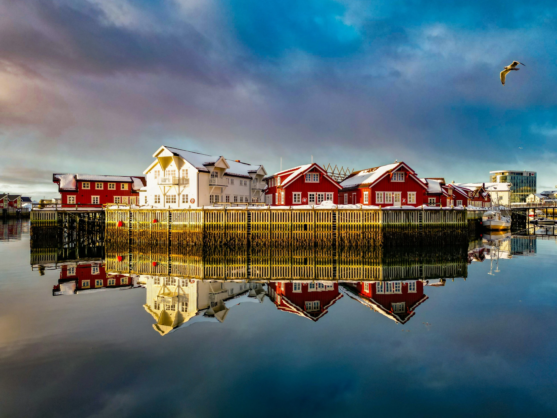 a row of houses in the middle of the water