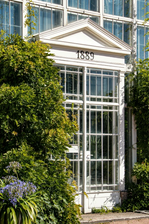 a white building with large windows surrounded by bushes