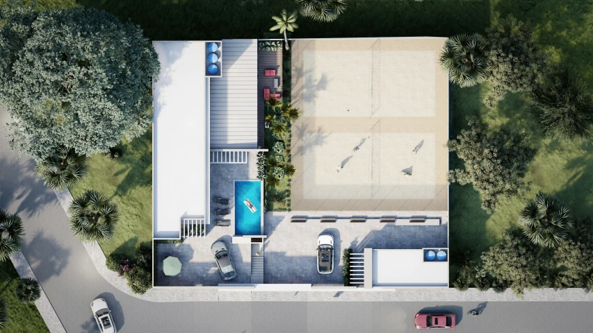 a large home with a swimming pool seen from above