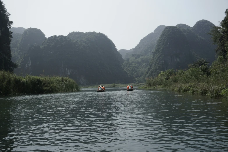 some people riding canoes on a calm river