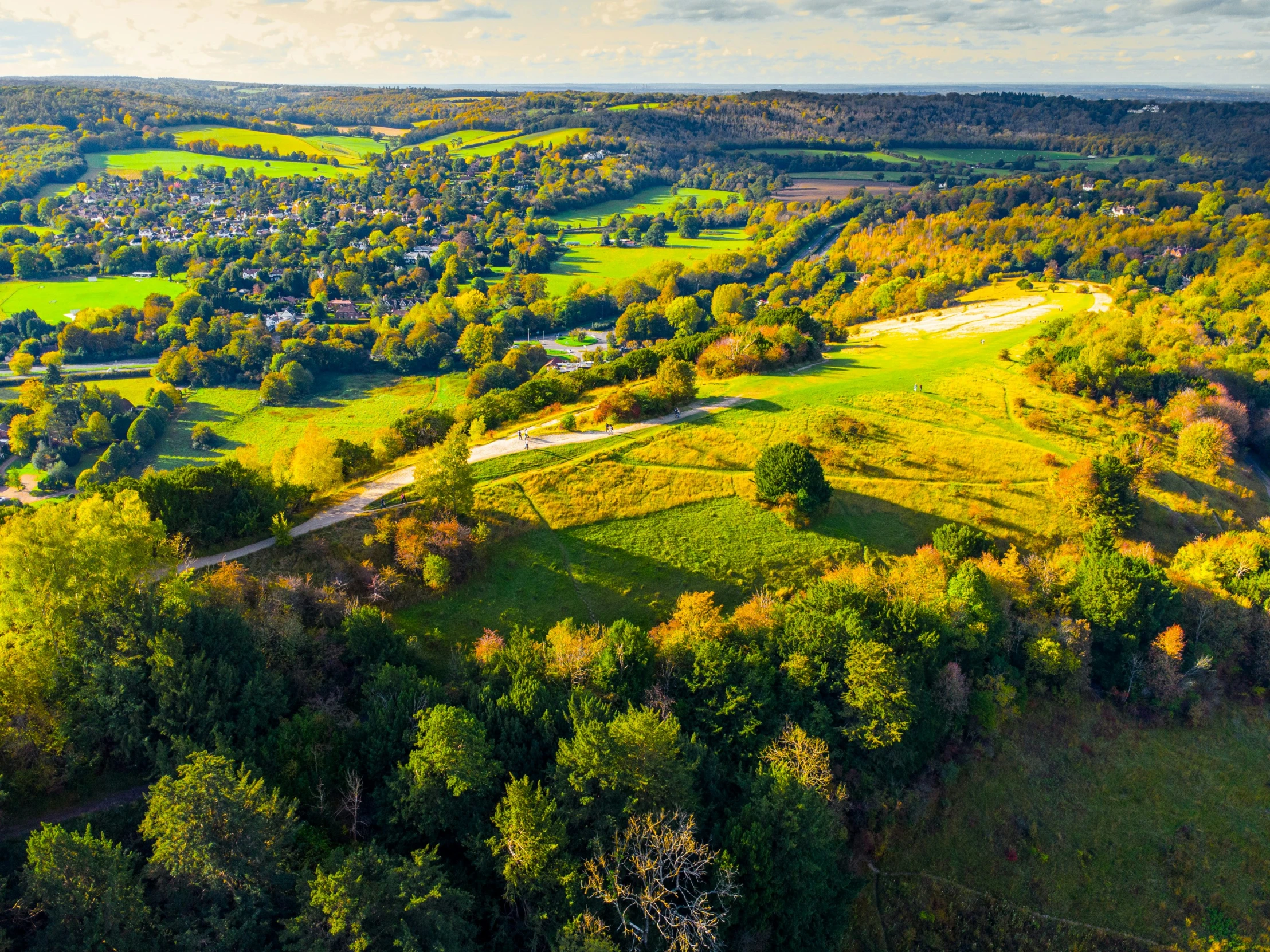 an aerial view of the countryside in fall