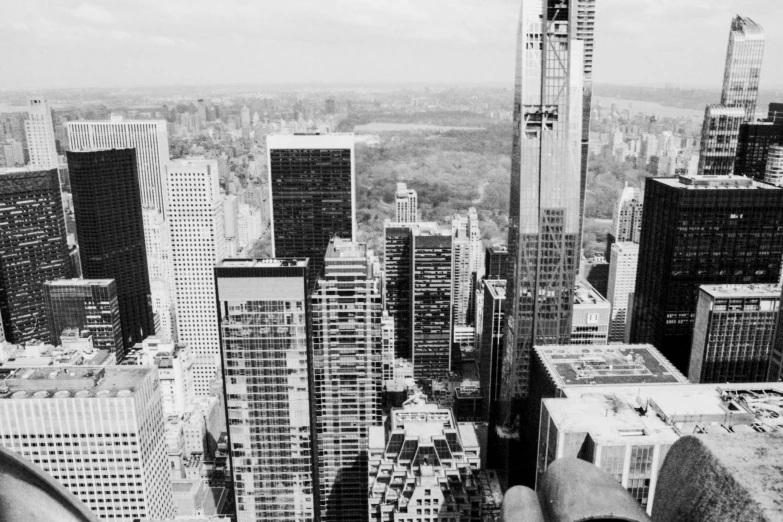 black and white pograph of downtown with skyscrs in the distance