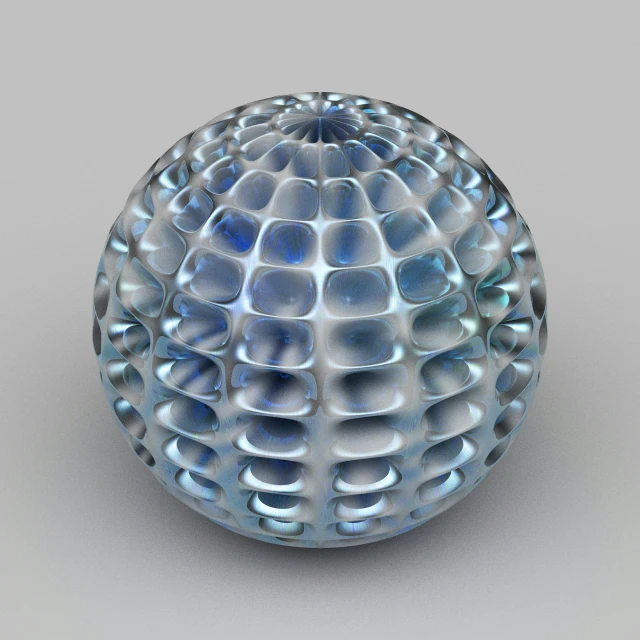 a blue and white glass object with some reflection on the surface