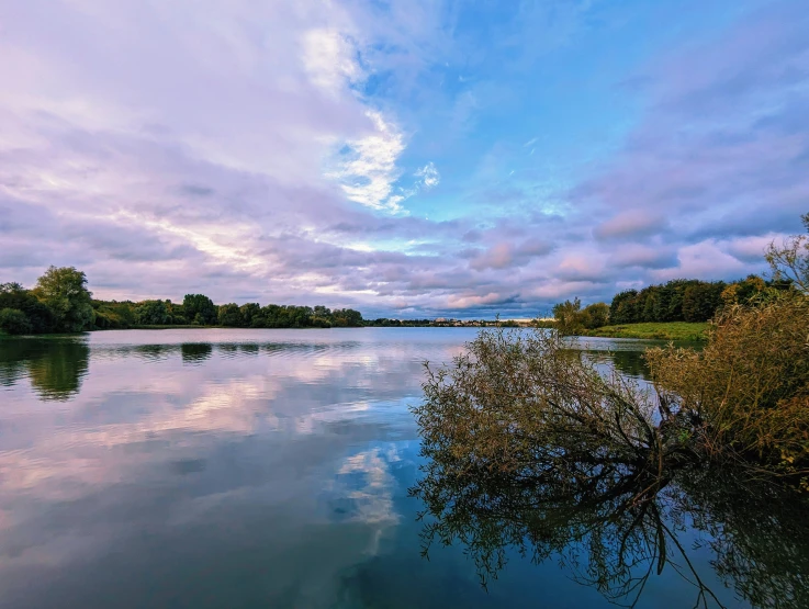 a beautiful blue lake with tree nches and trees in the distance