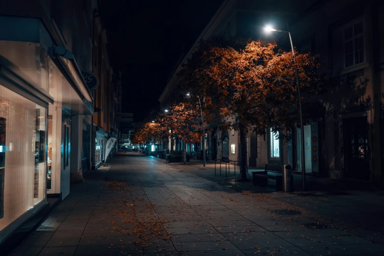 a dark alley in the evening with street lights on