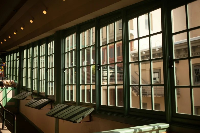 a large building with a window view of the street