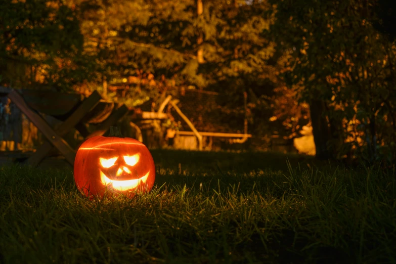 a pumpkin carved into a face sitting in the grass