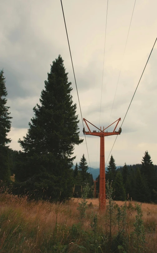 a wooden power pole is shown in the middle of a field