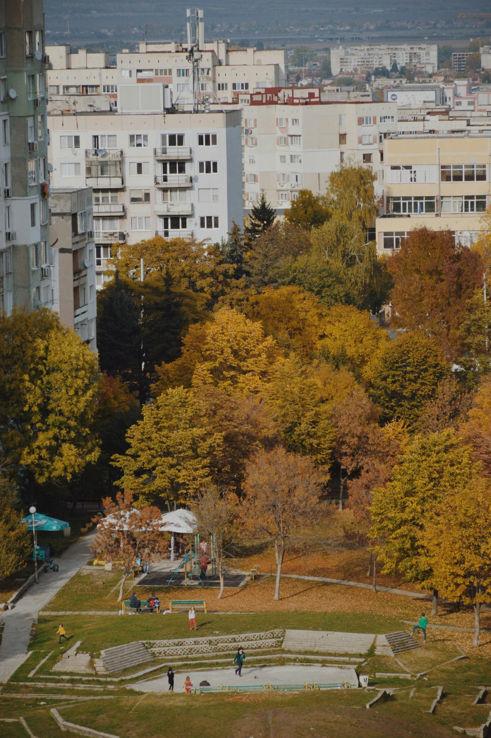 many buildings are in the background and some trees