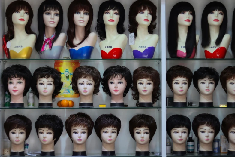 shelves with several different styles of wigs displayed