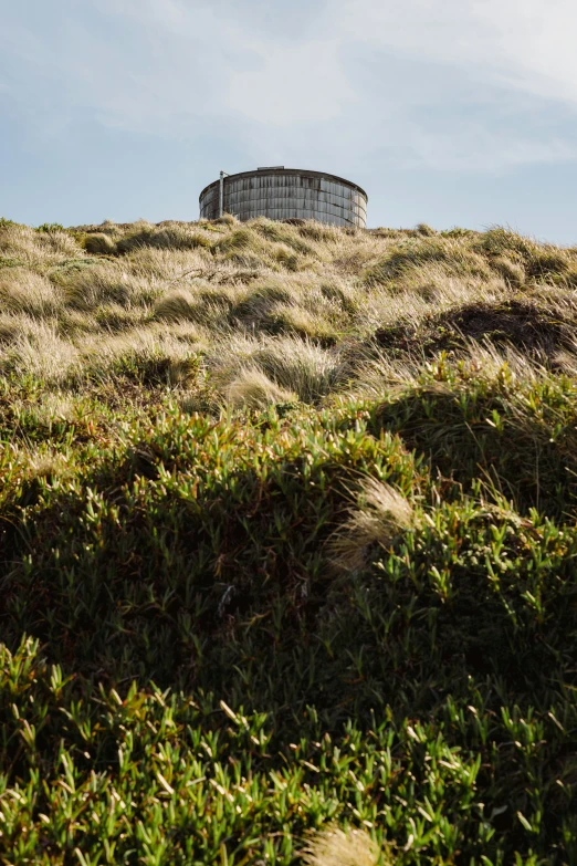 a grassy hill that has a well made hut in the background