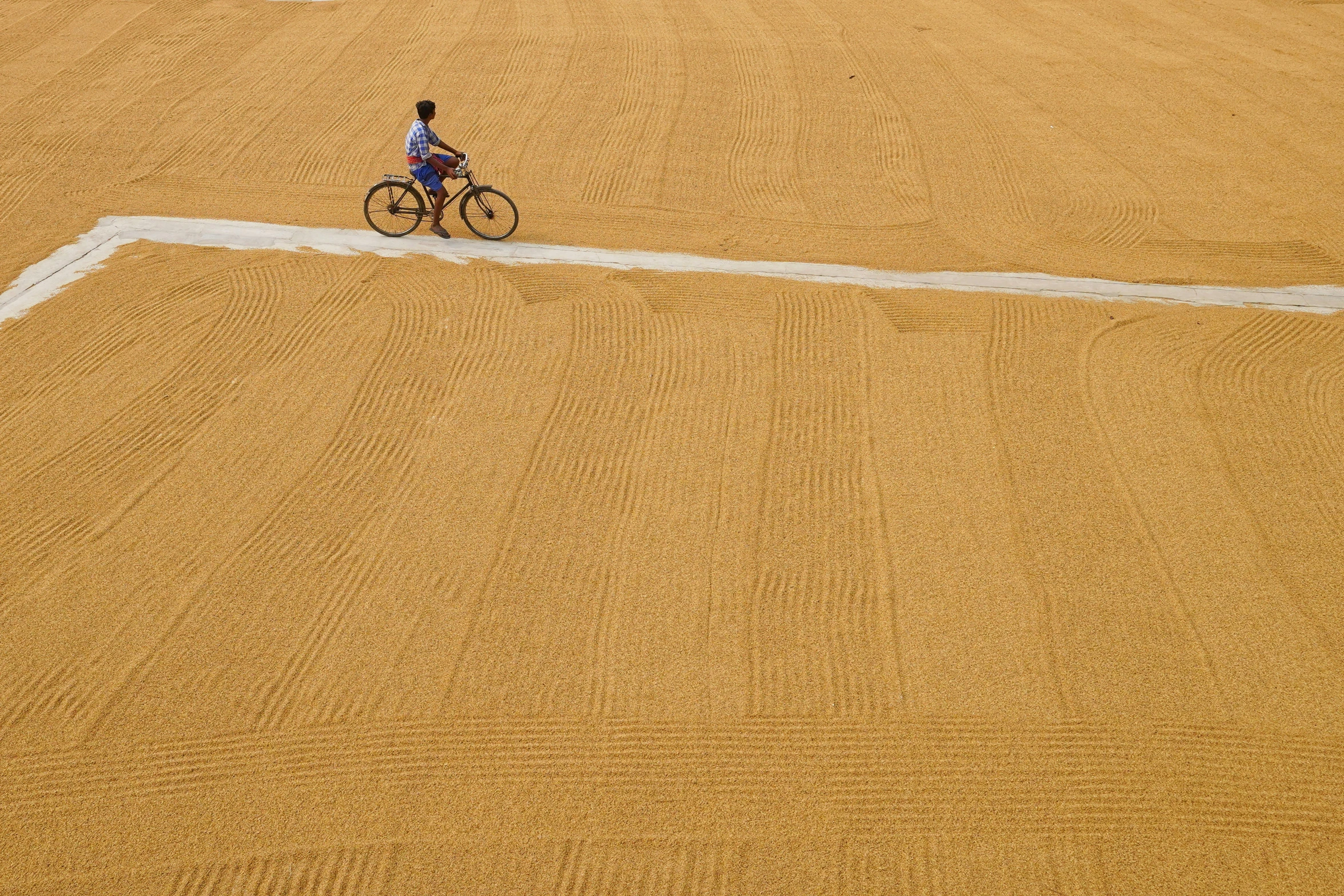 a man riding a bicycle down a dirt road