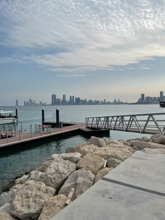 view of a city skyline from a dock