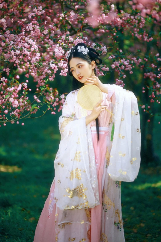 a woman in a chinese dress and flowers