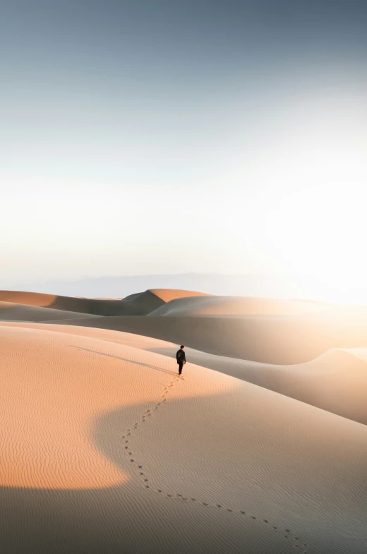 man walking through a vast desert at sunrise