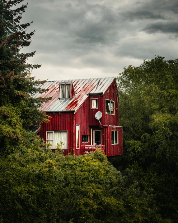 a house with a red metal roof sitting among the trees