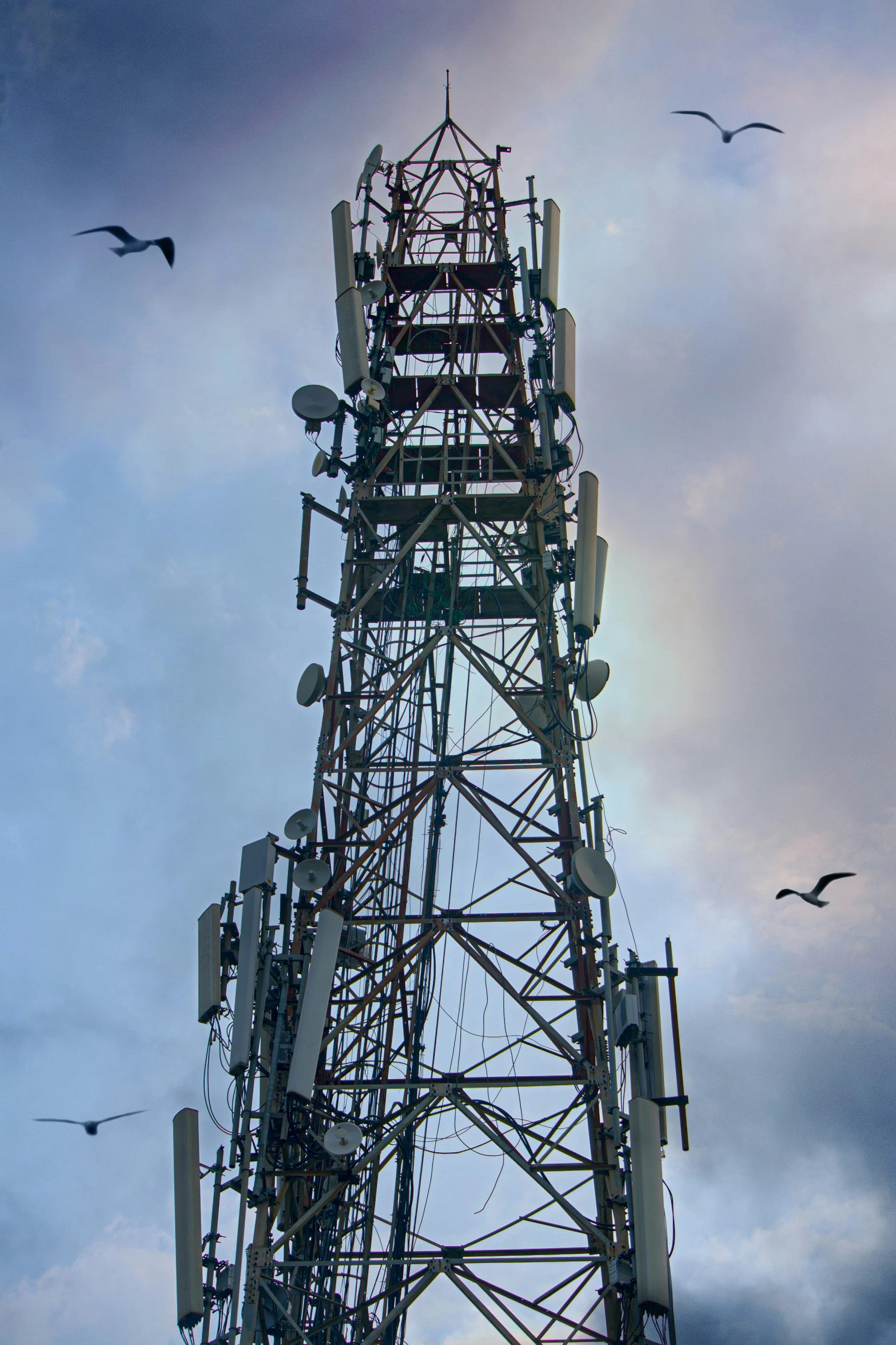 a radio tower surrounded by birds flying in the air