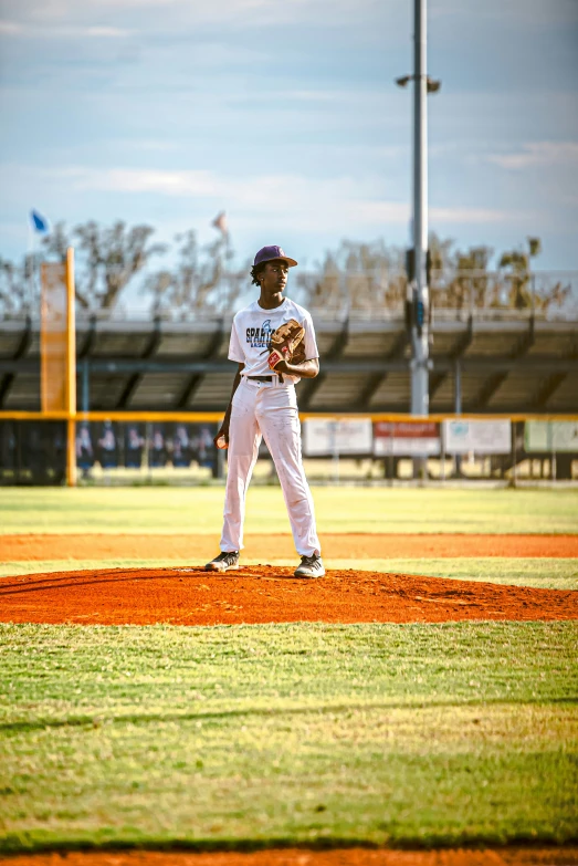 a baseball player on the mound with a glove