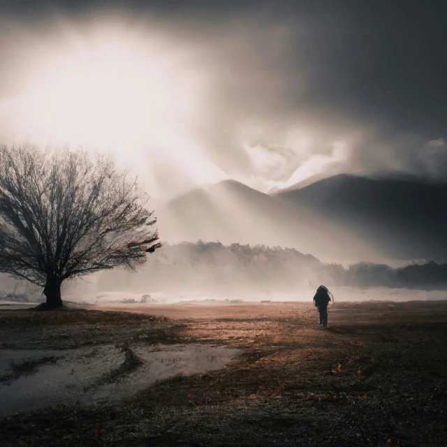 a lone person walks past a tree in a field