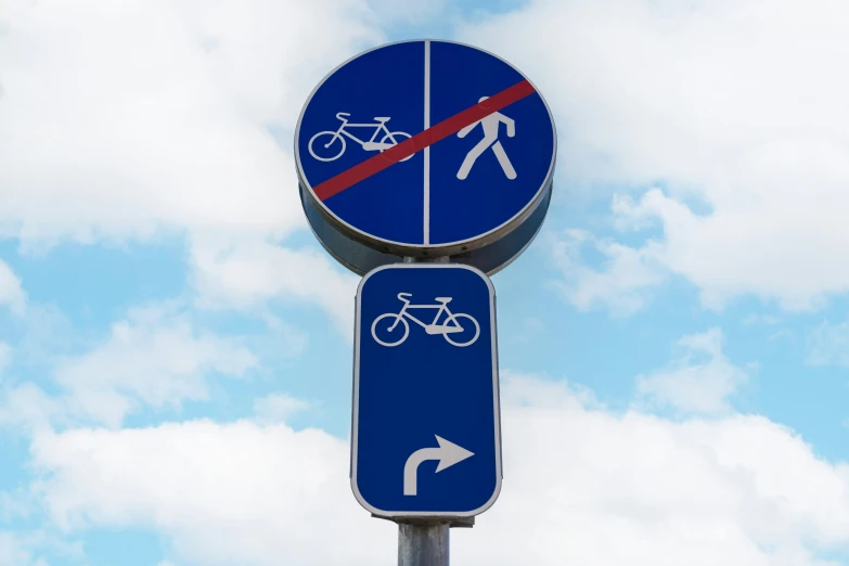 a blue sign has a bicycle crossing symbol under the same sign