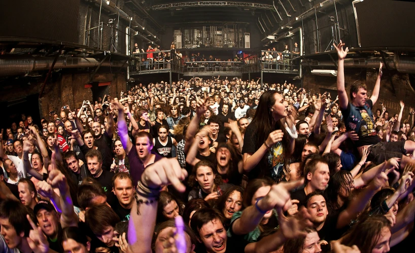 crowd at a concert, including one in middle cheering for the band