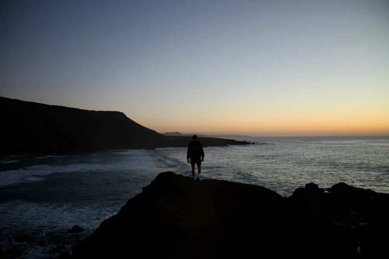 a man standing on the beach watching the sunset