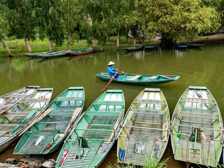 an image of canoes on the shore of a river